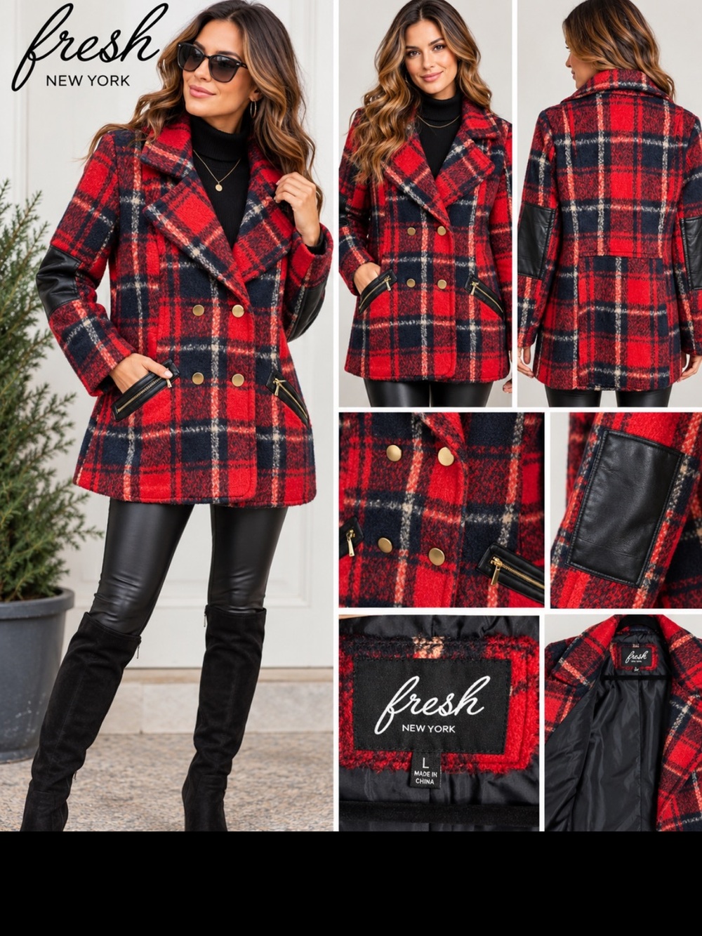 Fresh New York XL Red Black Plaid Peacoat Faux Leather Elbow Patches